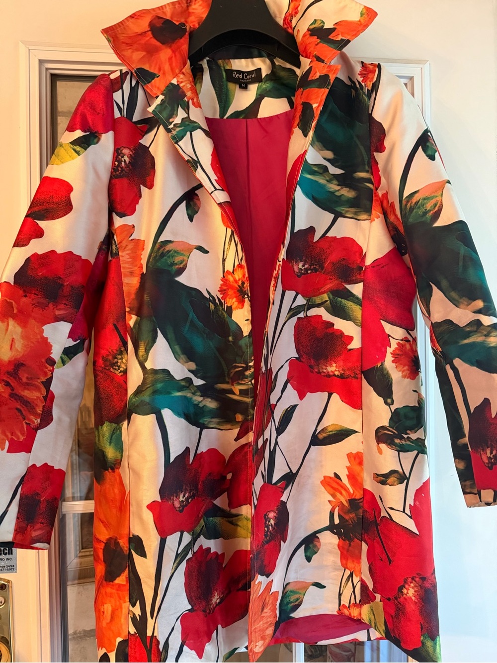 Red Floral Ladies' Coat by - Vibrant Red & Green Print